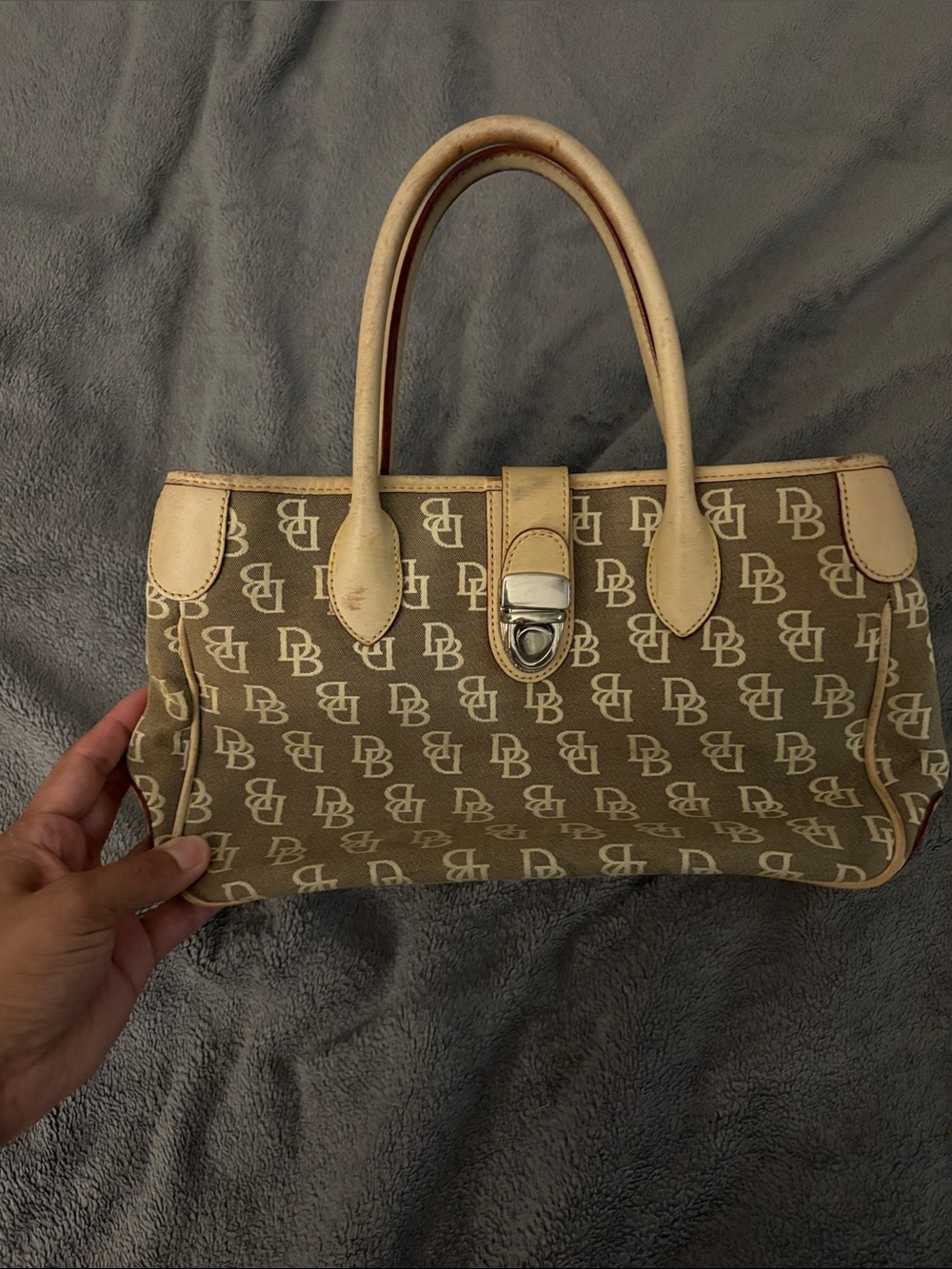 Dooney & Bourke Tan and Cream DB Logo Satchel